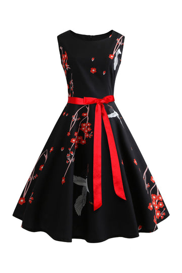 Vestido vintage de swing estampado sin mangas negro